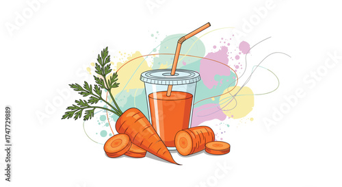Fresh carrot juice in a transparent glass with a straw and carrots on a colorful background.