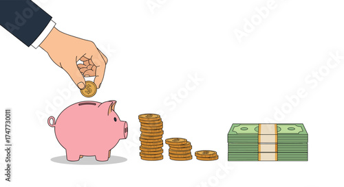 A hand putting coins into a piggy bank with stacks of coins and cash nearby.