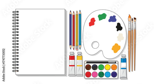 Art supplies including a sketchpad watercolor paints colored pencils paintbrushes and a palette are neatly arranged on a white surface.