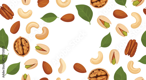 A delightful assortment of various healthy nuts and green leaves arranged beautifully.