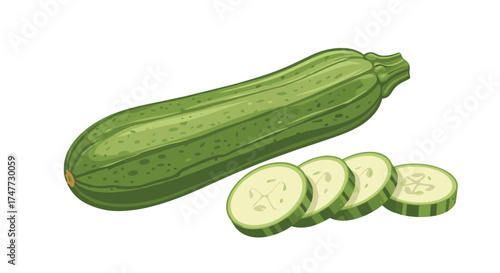 Fresh green zucchini whole and sliced with a white background.