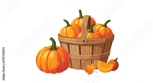 A bountiful harvest of pumpkins in a rustic wooden basket during autumn.
