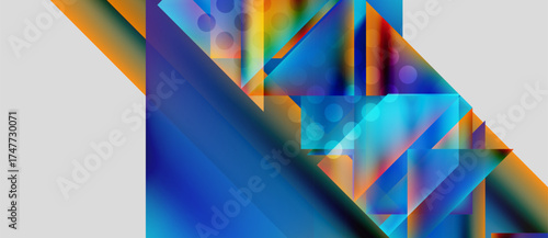 Abstract geometric composition. Vivid blues, oranges dominate. Shapes overlap, creating dynamic visual effect. Modern design elements present.
