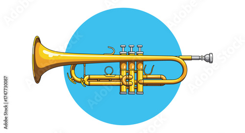 A golden brass trumpet is depicted on a bright blue circular background.
