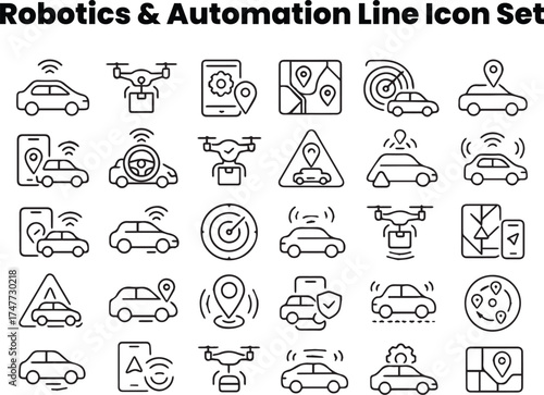 Editable black and white line vector icons of driverless cars, drones, GPS navigation, radar sensors, and automation control systems. Ideal for AI mobility and delivery technology visuals