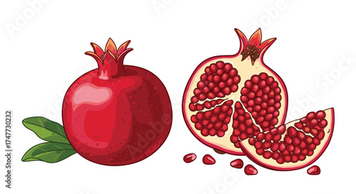 A whole ripe pomegranate and one cut open revealing its seeds.