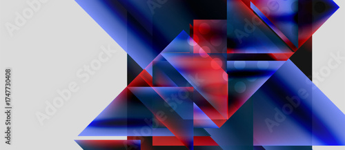 Abstract geometric composition. Blue, red hues dominate. Overlapping shapes create dynamic visual effect. Modern design, clean lines present.