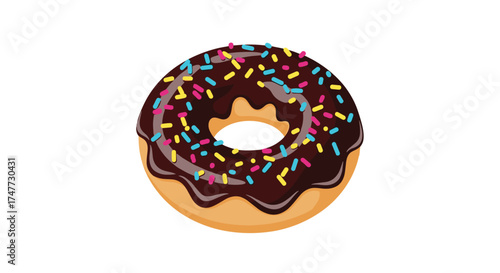 A delightful chocolate frosted donut topped with colorful sprinkles.