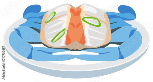 Vector illustration of Korean ganjang gejang, soy sauce marinated crab served on plate, delicious traditional Korean seafood dish.