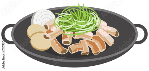 Korean gopchang BBQ vector illustration showing grilled beef intestines with vegetables on hot pan, traditional Korean street food design.