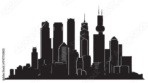 Modern city skyline silhouette at dusk, showcasing towering skyscrapers against a twilight sky.