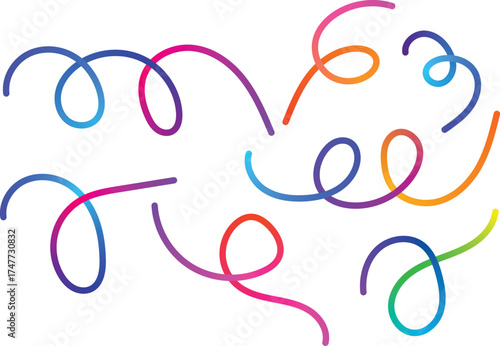 A vibrant collection of multicolored gradient lines swirl and loop playfully