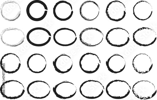 A versatile collection of black hand-drawn circles and ovals featuring a variety of grunge brush stroke textures and styles