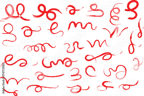 A collection of abstract red brush strokes featuring various hand drawn swirls curls and loops with a textured grunge effect