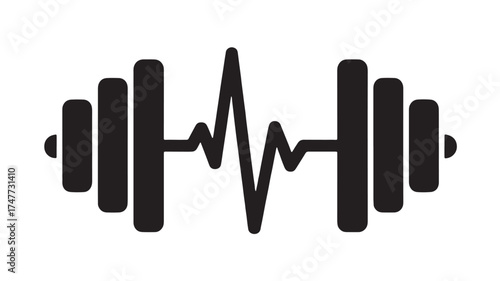 Barbell with heart rhythm wave symbolizing fitness and health
