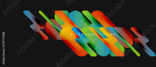 Abstract colorful lines overlap creating dynamic visual effect. Dark background enhances vibrant hues, modern design element.