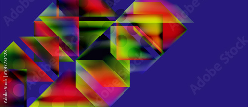 Abstract geometric shapes, vibrant colors blend. Rectangles, circles overlap creating dynamic visual effect. Purple background dominates composition.