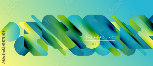Abstract geometric shapes overlap, creating vibrant color gradients. Design features teal, yellow, blue hues. Modern background element.