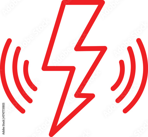 A minimalist red symbol of a lightning bolt with radiating energy waves symbolizing electricity wireless charging or a power signal
