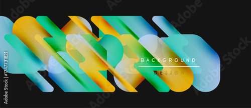 Abstract colorful ribbons overlap dark background. Modern design elements create dynamic visual texture. Text reads background design.