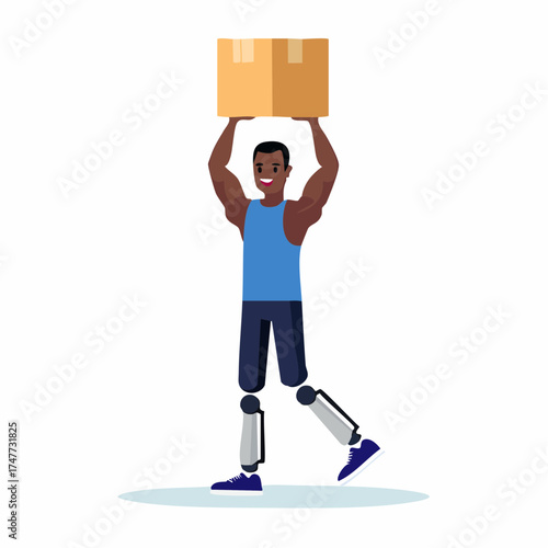 A strong, smiling man with prosthetic legs carrying a cardboard box above his head, demonstrating ability and determination.