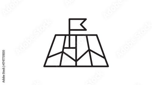 Minimalist outline of a mountain peak topped with a flag, symbolizing achievement and success.