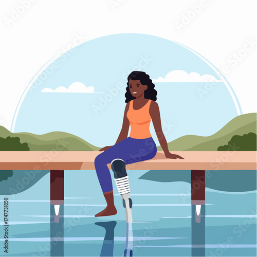 Woman with prosthetic leg sitting on pier by lake.