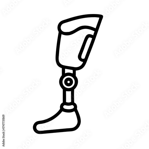 Minimalist black outline vector icon of a prosthetic leg, symbolizing rehabilitation, disability support, and medical equipment, isolated on a transparent background
