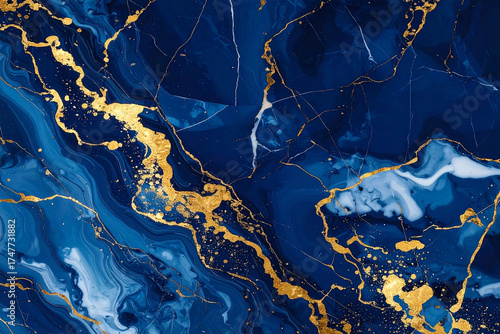 A dramatic, luxurious abstract marble texture with deep swirling navy and cobalt blues and dramatic veins and splatters of metallic gold.