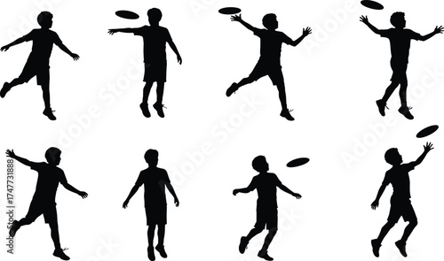 Silhouette of boy playing frisbee, child throwing flying disc in motion, outdoor fun and recreation vector illustration design concept