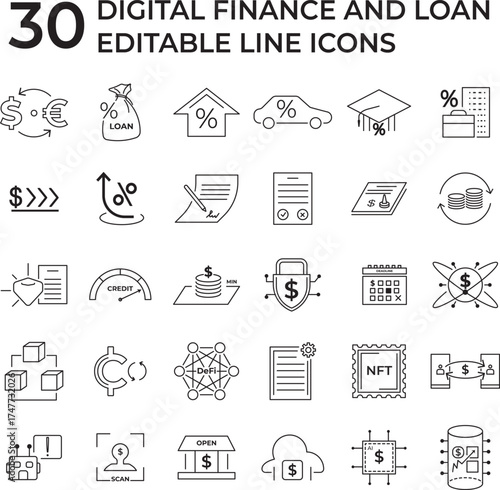 Set of digital finance and loan editable line icons showing money, credit, investment, mortgage, fintech, and online transaction concepts, ideal for business, financial, and economic design projects.