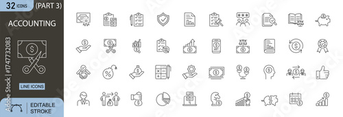 Accounting icons set. Includes icons for calculator, balance sheet, tax, audit, budget, finance, ledger, profit, expense, and cash flow. Editable stroke. Line icons. Perfect for infographics.