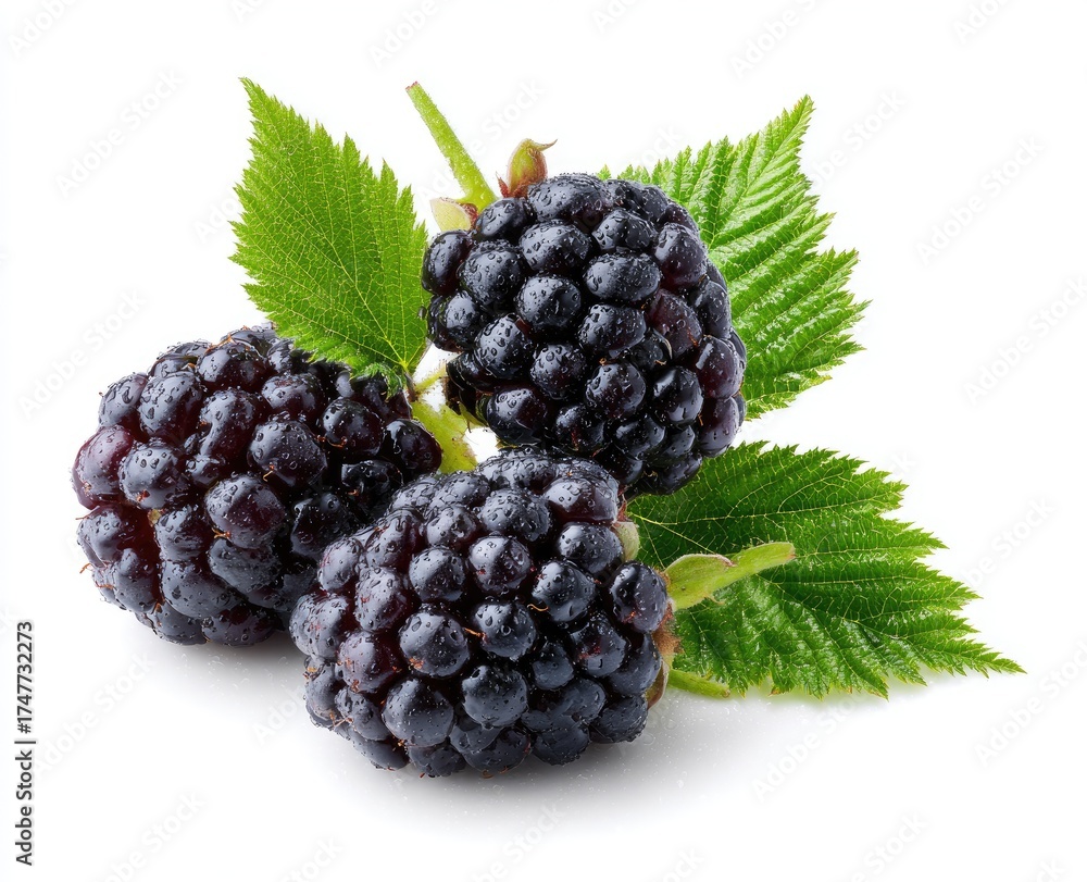 Fototapeta premium Close-up of three dark purple blackberries with leaves (1)