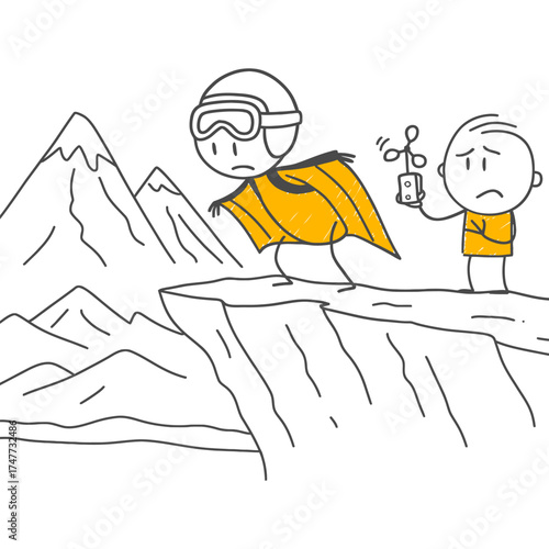 Entrepreneurial Anxiety at the Mountain Peak Figures Questioning the Reliability of the Project Before the Wingsuit Test.