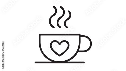 Cozy cup of hot beverage with steam and heart symbol, perfect for warmth and love.