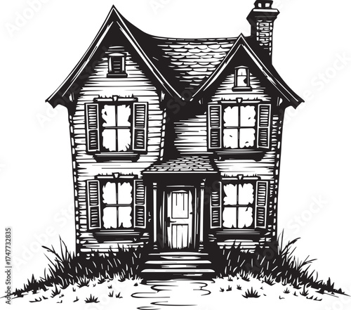 A charming monochrome illustration of a vintage home. Evoking a sense of nostalgia and architectural appeal. 
