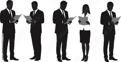 Business people reading documents in office attire, corporate report analysis scene, teamwork silhouette concept, cad drawing flat vector illustration