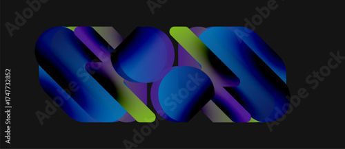 Abstract shapes overlap, creating vibrant gradients. Blue, purple, green hues dominate dark background. Modern design elements present.