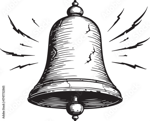 An intricately detailed black and white line art illustration of a bell in the act of ringing, its form capturing the essence of vintage aesthetics and signaling the passage of time.