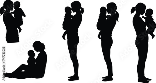 Silhouette of mother holding baby in arms, parent and child love, motherhood care, family bonding, maternal affection illustration