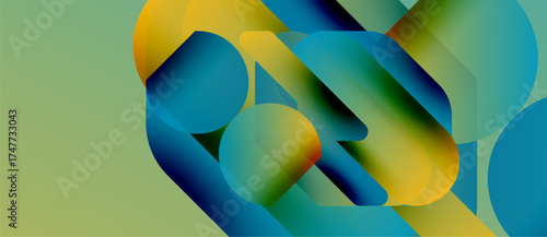 Abstract shapes overlap, creating vibrant color gradients. Blue, yellow, green hues blend seamlessly. Modern design, smooth transitions dominate composition.