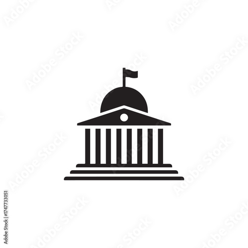 Black silhouette icon of a government building with dome and flag symbolizing public service authority and civic institutions vector