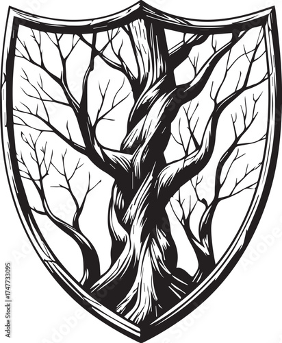 A detailed illustration of a weathered tree with bare branches, encased within an ornate shield. Symbolizes strength, resilience, and the passage of time.