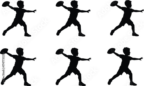 Silhouette of boy throwing football, child playing sports, outdoor activity, kids exercise, American football training, youth athletic movement illustration