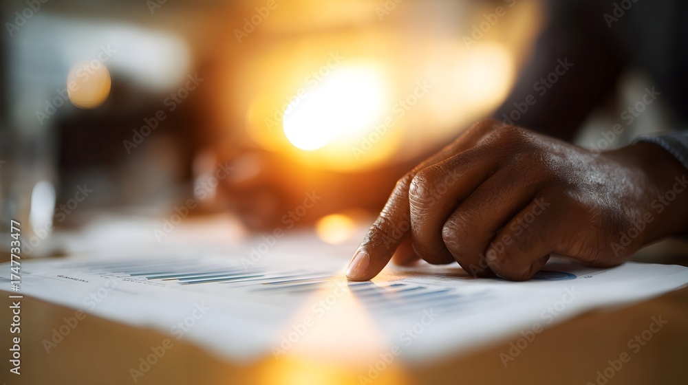 Obraz premium Close up of a hand pointing at financial data on a report with warm bright lighting