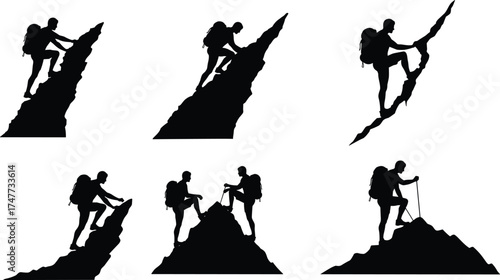 Silhouette of mountain climber man with backpack hiking steep rock, outdoor adventure, mountaineering, teamwork, exploration, and extreme mountain climbing challenge