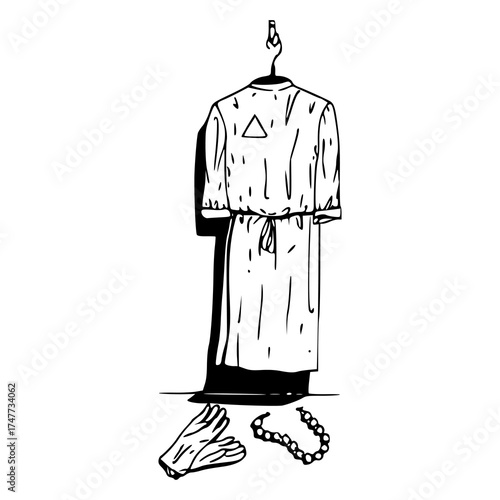 formal attire set: hanging gown, gloves, and pearl necklace