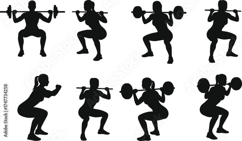 Silhouette of people lifting weights, fitness workout squat poses, gym training exercise, bodybuilding, strength training, healthy lifestyle illustration for fitness design