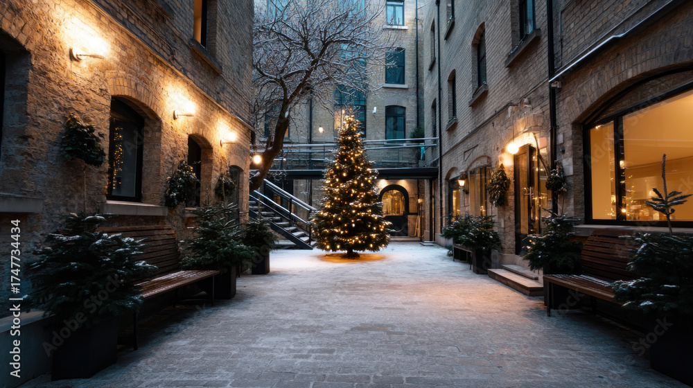 Fototapeta premium A snowy courtyard with a Christmas tree and festive decorations, with space for text at the top. Merry Christmas and Happy Holidays greeting card, frame, and banner. New Year. Noel. Winter 