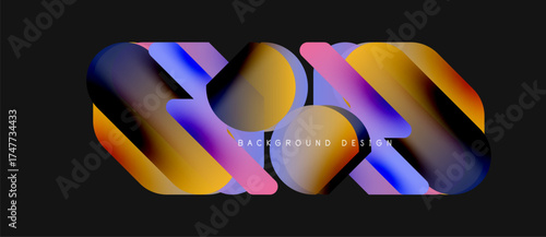 Abstract colorful shapes overlap, creating dynamic visual effect. Background is black, design features gradients, curves.